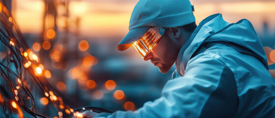 technician in white jacket and cap works on telecommunications equipment at sunset, surrounded by glowing lights, blend of technology and urban life