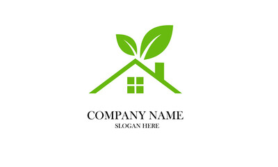 Ecofriendly home logo a minimalist design featuring a green house with leaves sprouting from the roof, symbolizing sustainability and natureinspired living