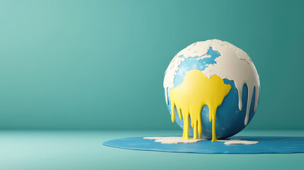 Melting globe with yellow paint dripping, symbolizing climate change impact. vibrant colors highlight environmental issues and urgency for action