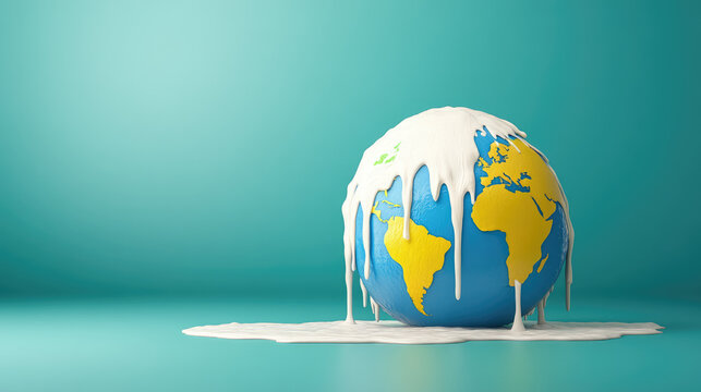 Melting globe symbolizing climate change, with blue oceans and yellow continents covered in white substance. This highlights urgent impact of global warming