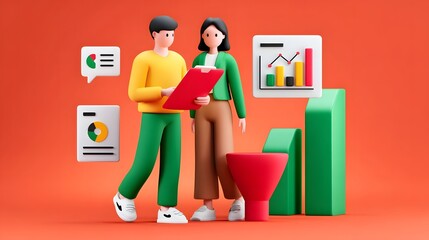 Two colleagues, a man and a woman, standing in front of a digital display and discussing business analytics, data reports, and charts as part of their collaborative strategy