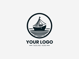 Obraz premium Traditional historic sailing boat vector logo with detailed sails and wooden hull for maritime museum