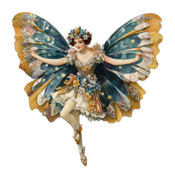 PNG Vintage fairy with colorful wings.