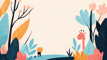 playful illustration featuring cheerful giraffe and small animal amidst colorful foliage. vibrant plants and whimsical characters create joyful scene perfect for children themes