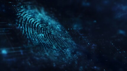 Futuristic digital fingerprint scan highlighting biometric identity and advanced security access on a dark blue abstract background