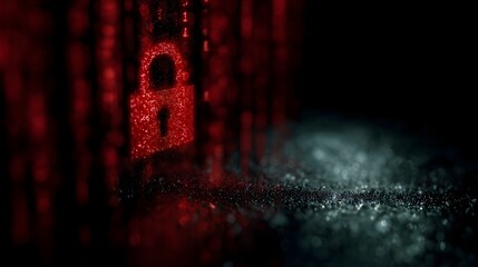 A glowing red padlock icon symbolizes digital security against a dark abstract matrix background