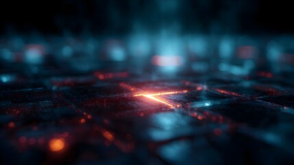 Abstract digital network illuminated by glowing blue and red circuits suggesting data flow and advanced technology in a dark environment