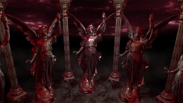 Dark Gothic Angel Statue In Fiery Hell Hall, vj loop