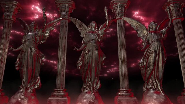 Haunting Red Bloody Demon Angel Statue With Pillars, Horror Theme vj loop