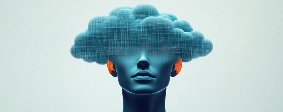 stylized human head with cloud like structure above it, symbolizing thoughts and ideas. blue tones and digital elements create modern and abstract feel