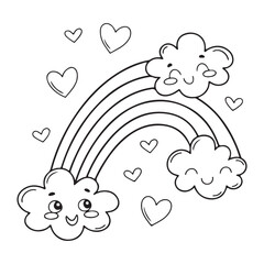 Simple black and white outline of a rainbow arching over clouds with a heart