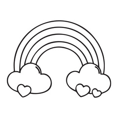 Simple black and white outline of a rainbow arching over clouds with a heart