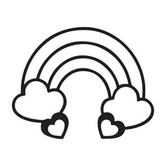 Simple black and white outline of a rainbow arching over clouds with a heart