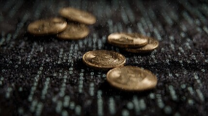 Golden cryptocurrency coins scattered on a dark surface overlaid with glowing green binary code with subtle falling rain or particles
