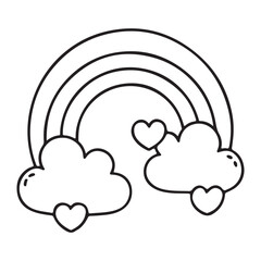 Simple black and white outline of a rainbow arching over clouds with a heart