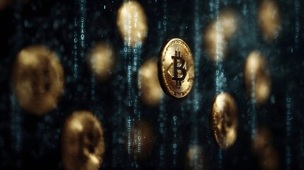 Golden Bitcoin cryptocurrency coins floating in a dark digital matrix of binary code