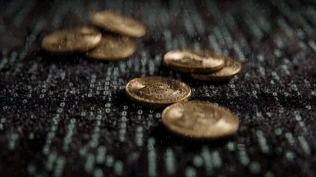 Golden cryptocurrency coins scattered on a dark surface overlaid with glowing green binary code with subtle falling rain or particles