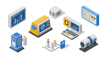 Obraz premium Isometric industrial devices and technology elements for data analysis and automation