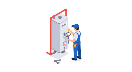 Isometric technician repairing water heater in modern home setting