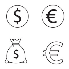 Dollar and euro coin and bag isolated on white background in doodle style