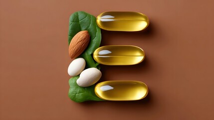 An assortment of various nutritional supplements, including capsules, tablets, and softgels, alongside green leaves, showcasing a holistic approach to health and wellness.
