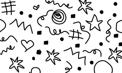 Whimsical doodle pattern featuring handdrawn stars, hearts, squiggles, hashtags, and dots, creating a playful and carefree design perfect for backgrounds and creative projects