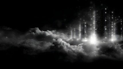 Futuristic city towers emerge from mystical clouds illuminated by glowing data streams against a dark night sky