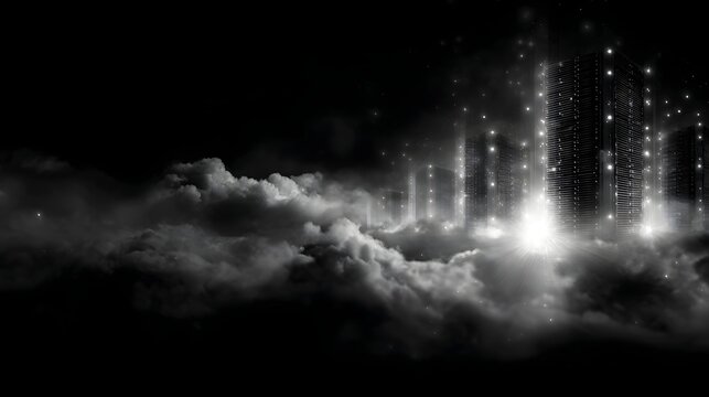Futuristic city towers emerge from mystical clouds illuminated by glowing data streams against a dark night sky