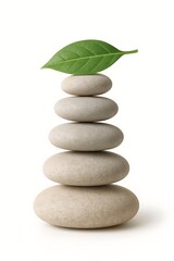Fototapeta premium Zen balance stones stacked with green leaf on white, Spa zen balance stones tower with natural leaf meditation concept, Wellness zen balance stones pyramid for harmony and mindfulness relaxation
