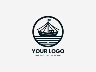 Traditional historic sailing boat vector logo with detailed sails and wooden hull for maritime museum