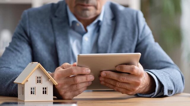 Digital mortgage process concept featuring businessman using tablet and small house model desk, showcasing modern real estate technology and business