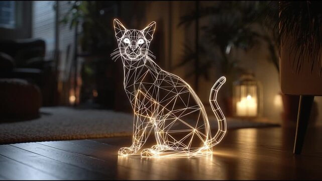 3d glowing wireframe hologram of a cat sitting on the floor, illuminated geometric grid lines forming feline shape, displayed in a cozy dim living room with warm ambient light