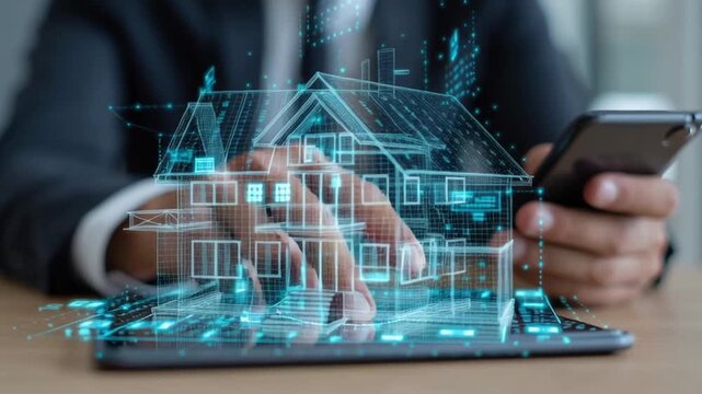 Digital mortgage process concept with businessperson using tablet and smartphone for virtual house loan application, futuristic house hologram