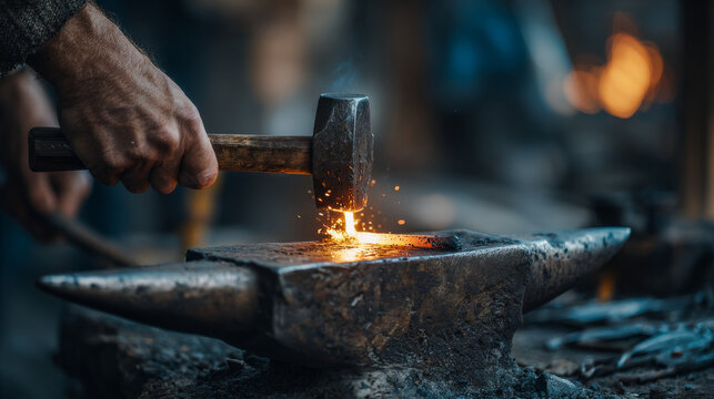 Blacksmith forging glowing hot metal on an anvil with hammer