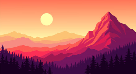 Vibrant minimalist vector illustration of a serene mountain landscape at sunset, featuring layered peaks and a stylized forest under a colorful sky
