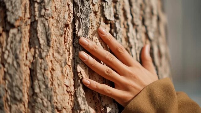 Hand Touch Tree Bark Outdoors Connecting Sports Psychology, Mindfulness, Focus, Training in Nature, Relaxation, Calm Emotional Expression