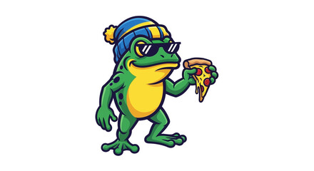 Cool cartoon frog character wearing beanie and sunglasses, holding a slice of pizza vector