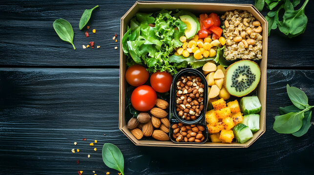 A to-go box filled with salad, nuts, and fruit sits on a wooden table, featuring a Go Vegan message. - Powered by Adobe