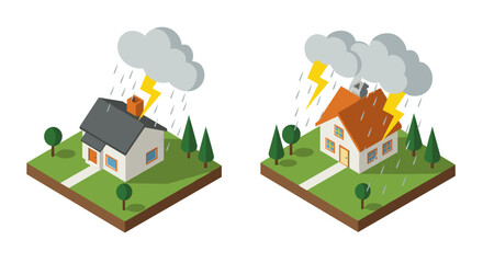Isometric thunderstorm over houses rain and lightning strikes on small homes