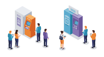 People using modern atm machines in isometric design