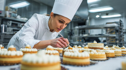 Female pastry chef applying cream to cakes in kitchen