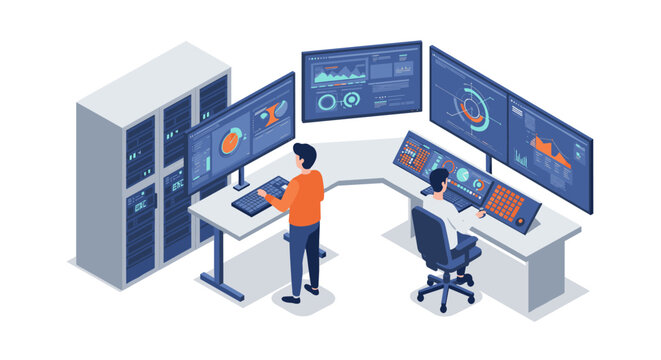 Isometric data center professionals monitoring and analyzing digital systems in a modern control room