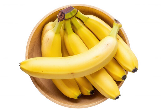 Yellow bananas in wooden bowl isolated on a transparent background
