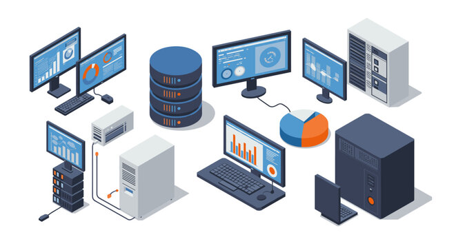 Isometric data center setup servers, networks, and analytics in a virtual workspace