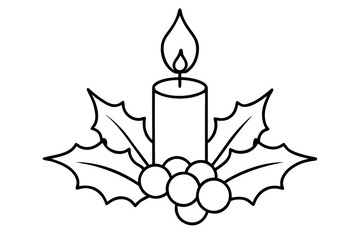 line art Christmas candle with holly decoration, isolated on white background