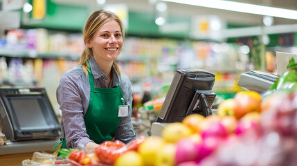 Friendly supermarket cashier scanning groceries at checkout