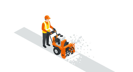 Fototapeta premium Worker operating snow blower on road in isometric style