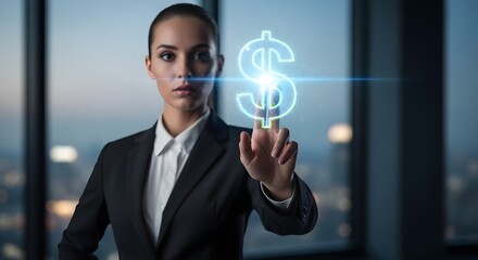 Businesswoman reaching out to touch a glowing digital dollar sign floating in the air.