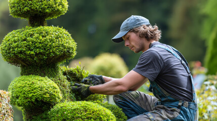 Gardener performing topiary trimming with passion for plants.