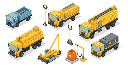 Isometric construction vehicles diverse fleet of utility trucks and equipment